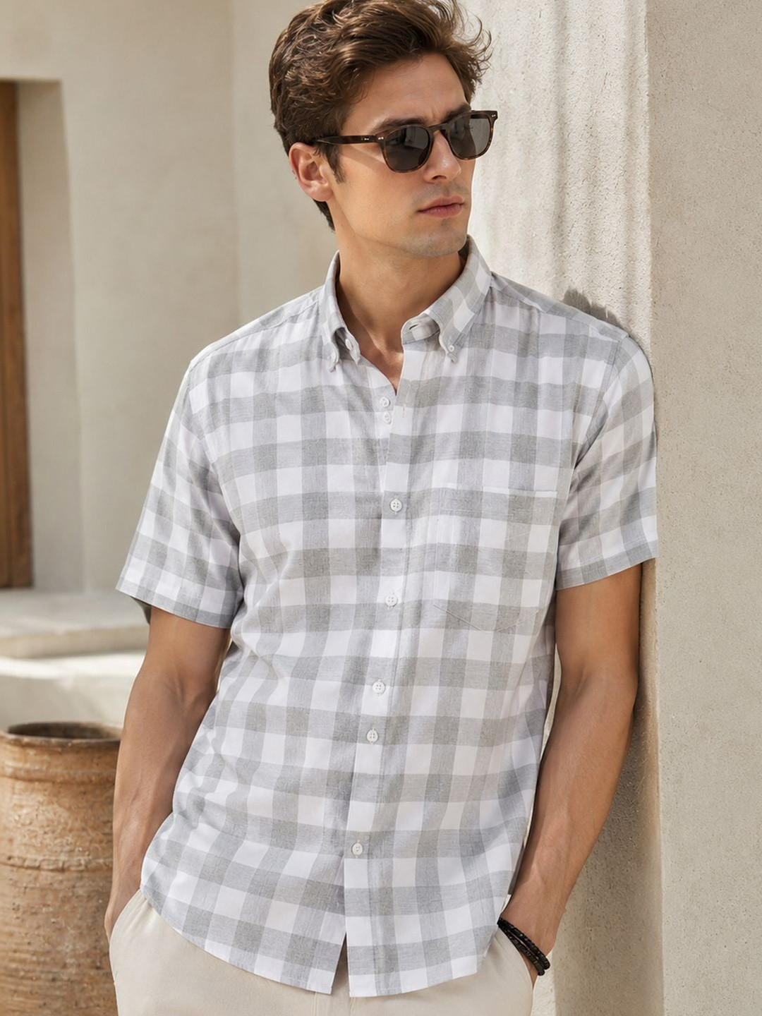 Hancock Men Buffalo Checked Pure Cotton Button Down Collar Short Sleeve Shirt