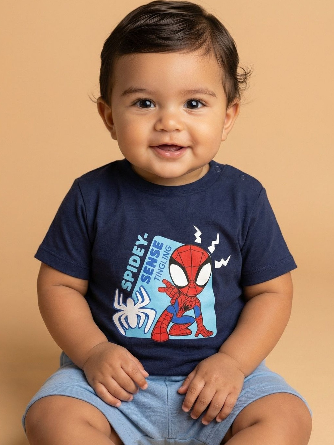 NautiNati Baby Boys Drak Blue Marvel Spiderman Superhero Graphic Print Pure Cotton T Shirt