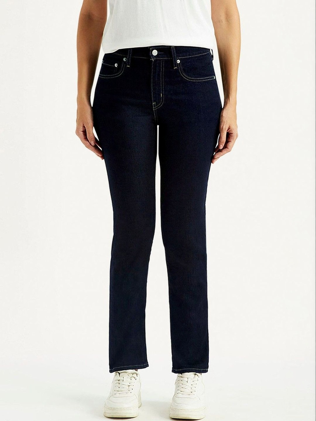 Levis Women's 724 Navy Slim Straight Fit Mid Rise Jeans
