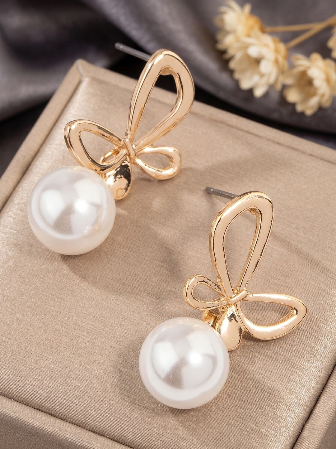 YouBella Gold-Plated Artificial Beads Studded Contemporary Drop Earrings