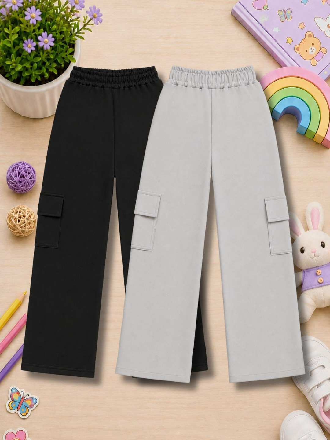 AMNOUR Girls Pack of 2 Regular Fit Cargos