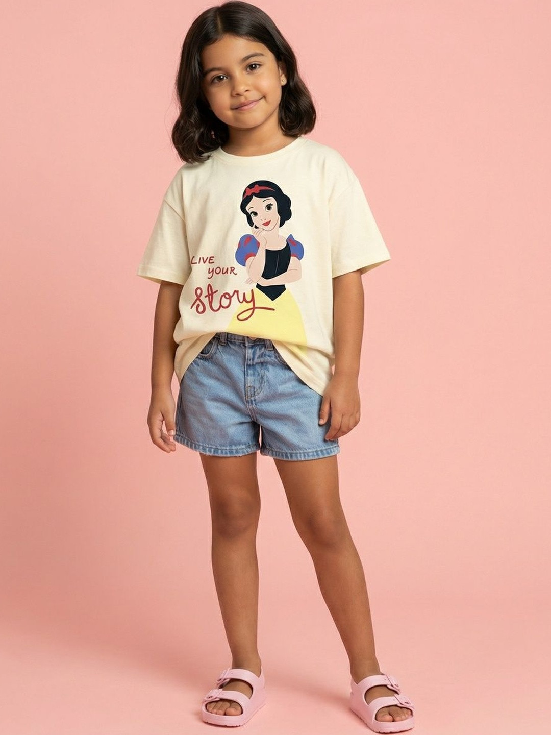 NautiNati Disney Snow White Girls White Pure Cotton Oversized T Shirt