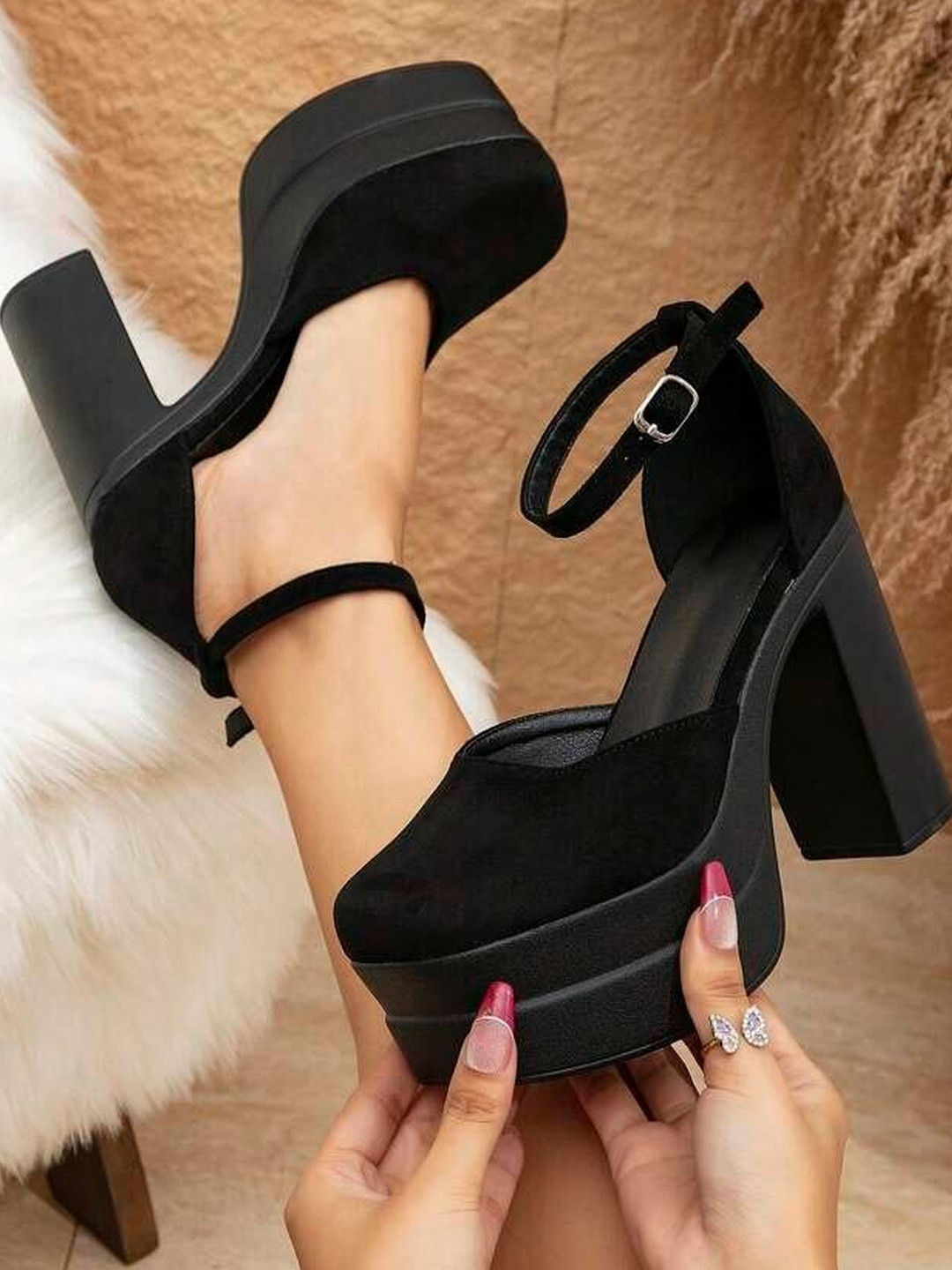 STILOFT Suede Party Block Pumps with Buckles