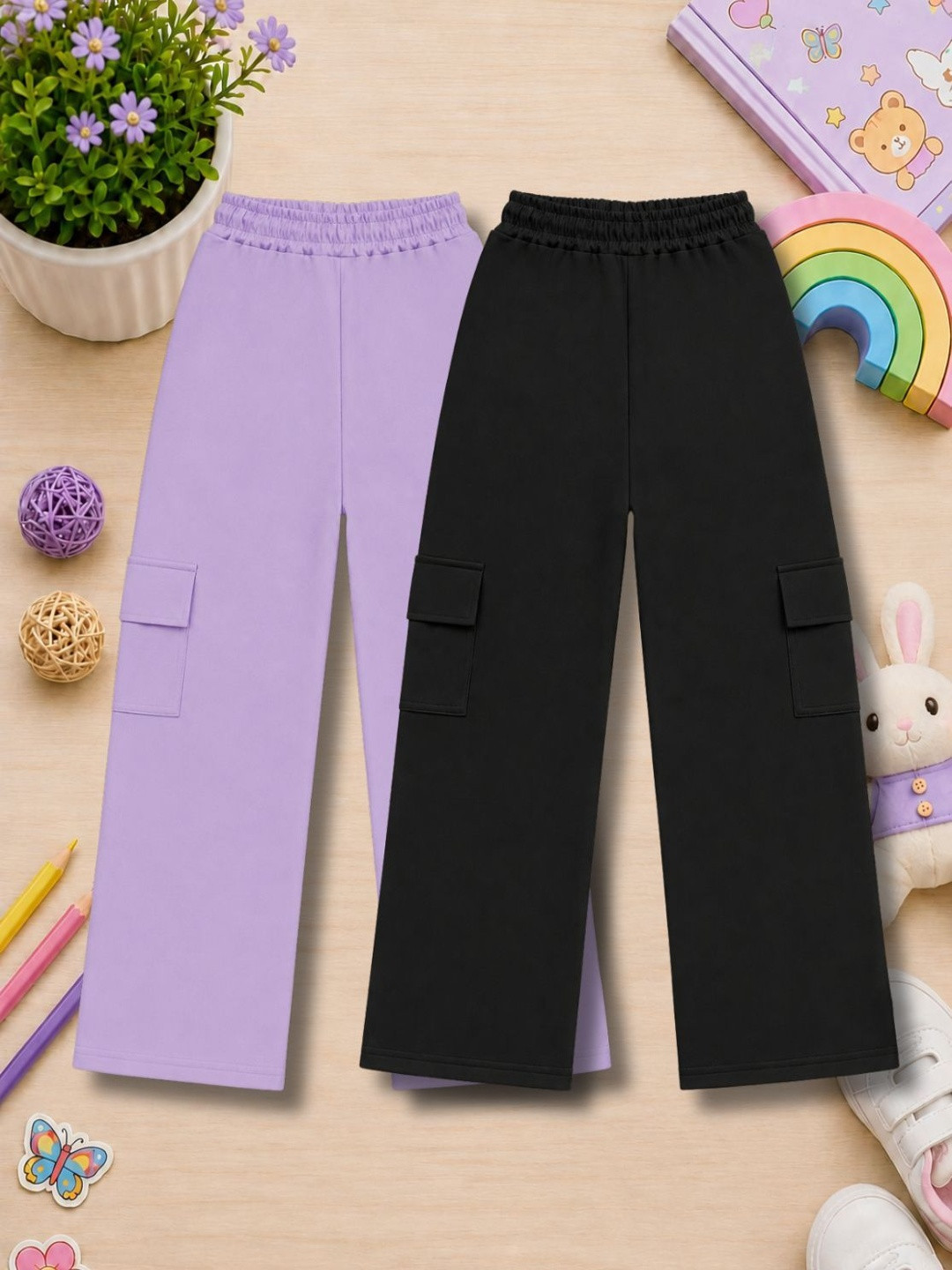 AMNOUR Girls Pack of 2 Regular Fit Cargos