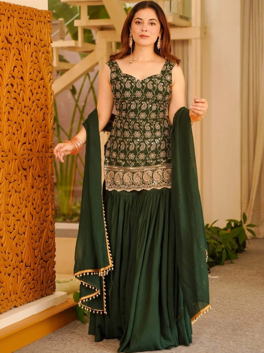HERE&NOW Women Ethnic Motifs Embroidered Regular Sequinned Kurta with Sharara & With Dupatta