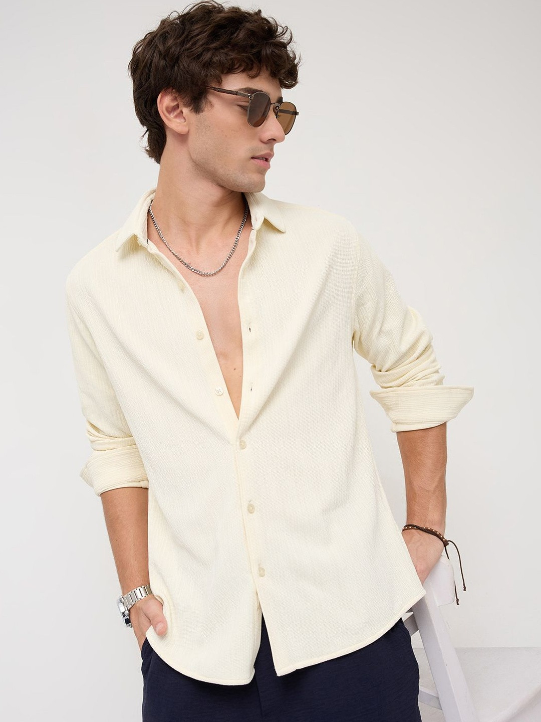 VASTRADO Cream Matrix Weave Knitted Shirt