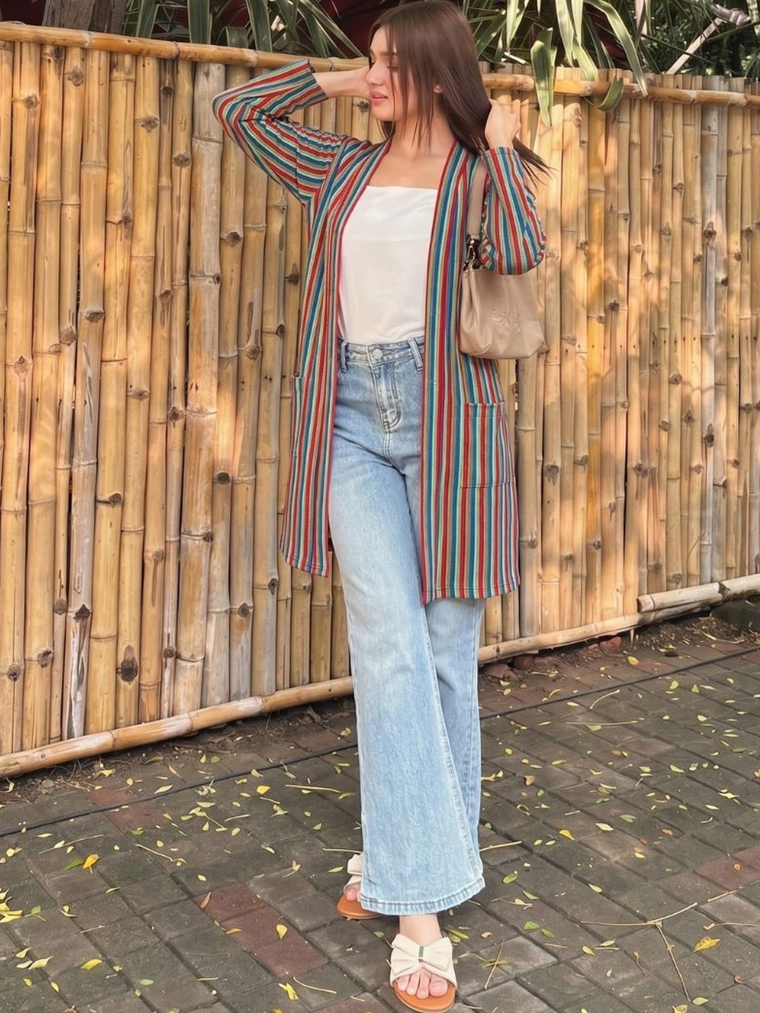 TOXA Striped Embellished Longline Open Front Cotton Shrug