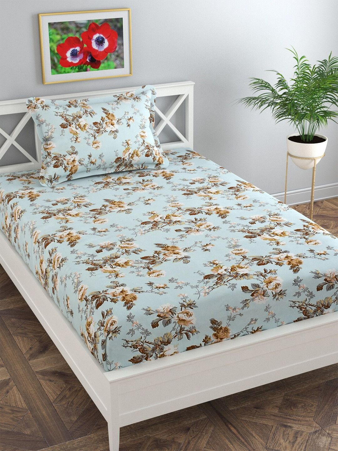 Florida Everyday Blue Floral Polycotton 120 TC Single Bedsheet with a Pillow Cover-87 x 59 inches
