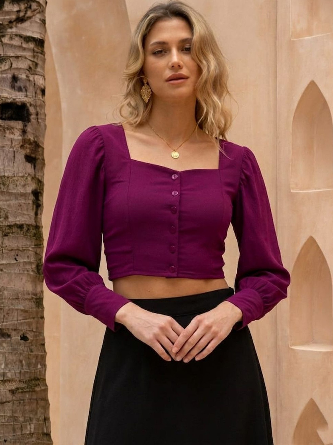 ZYNG Puff Sleeve Crepe Crop Top