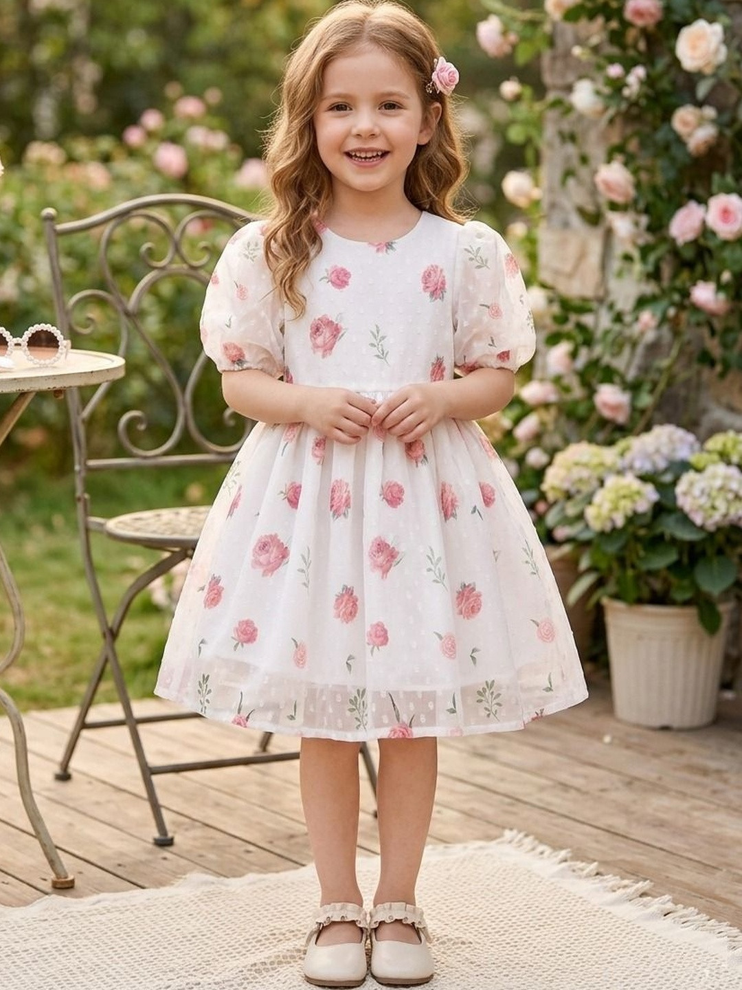 TIOR Floral Print Puff Sleeve A-Line Dress