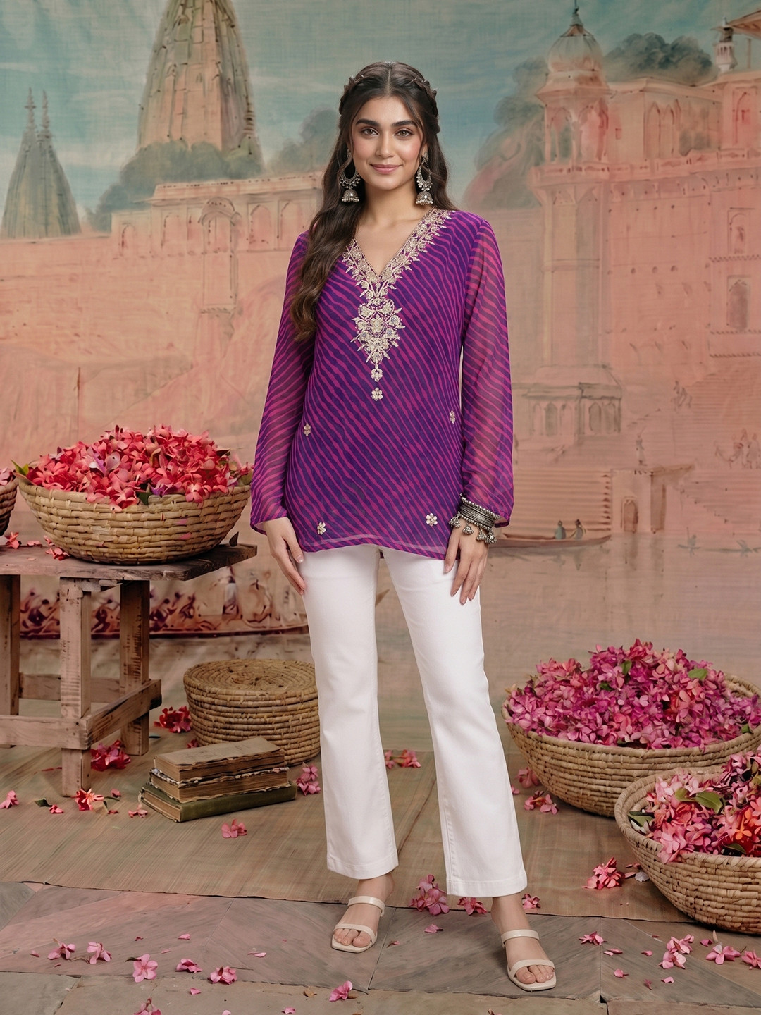 NAVYAAZRI Purple Leheriya Gotta Patti Work Geogratte V Neck Tops