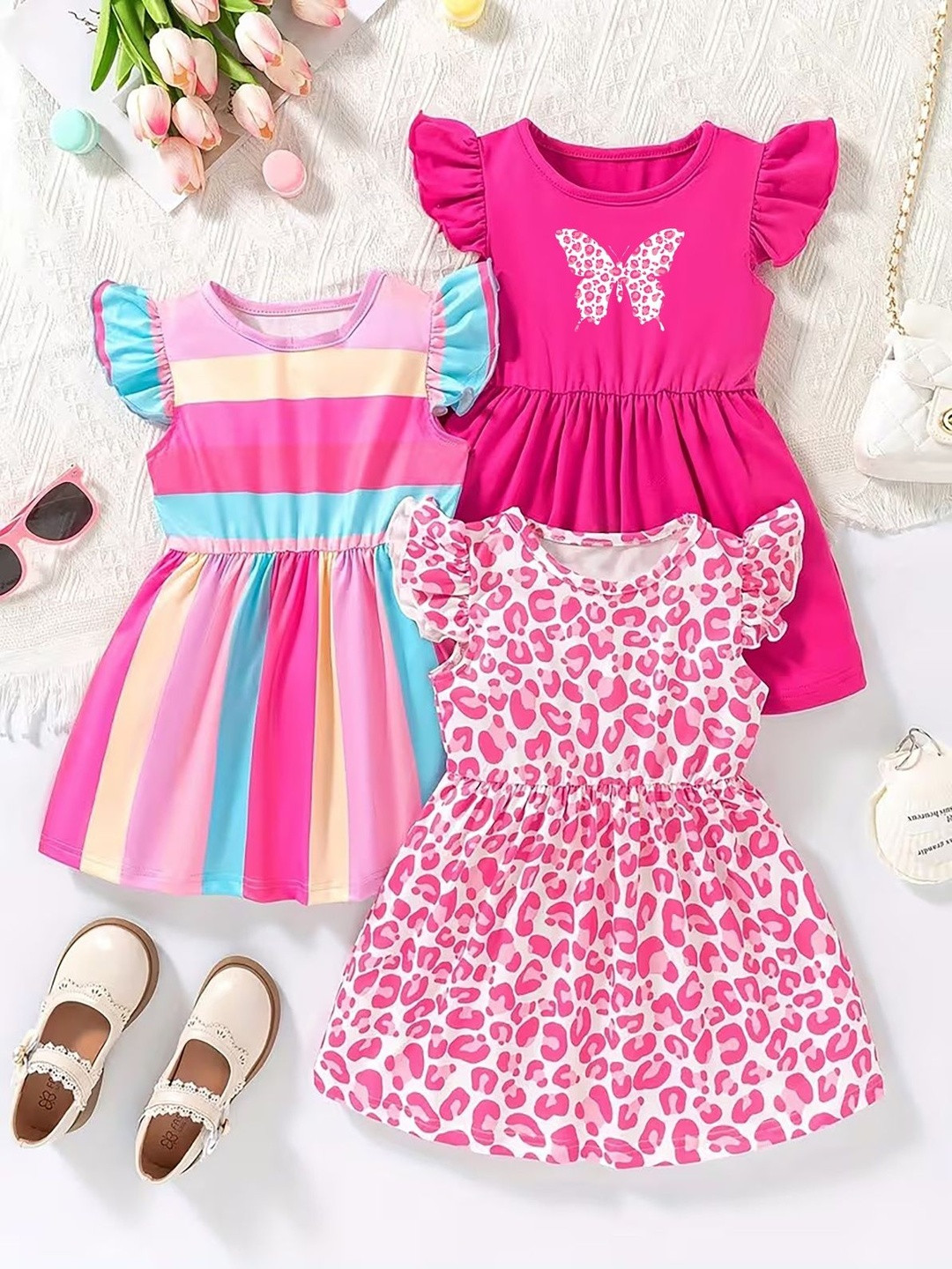 KEESOR Print Flutter Sleeve Ruffled Crew Neck A-Line Dress