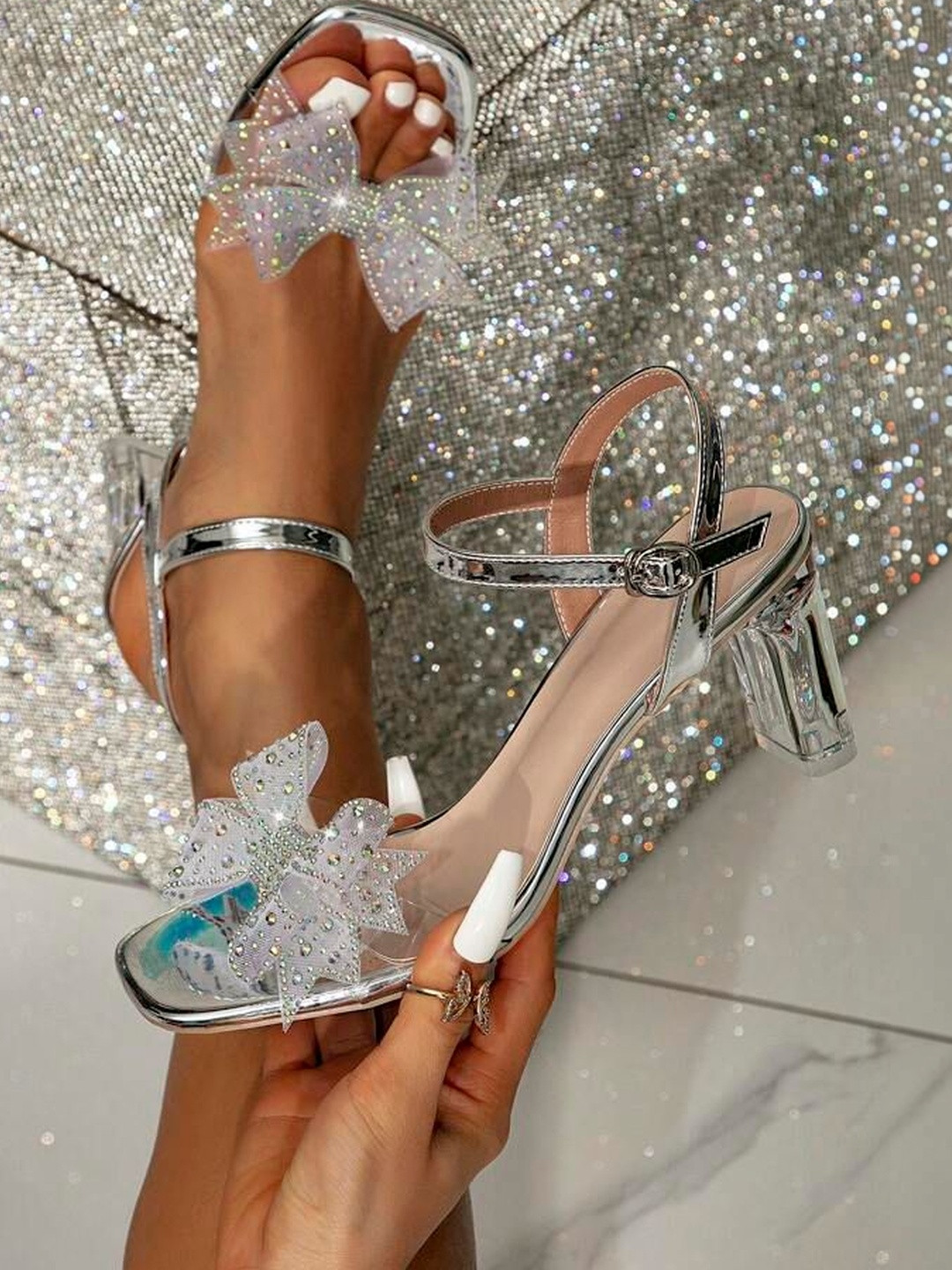 STILOFT Embellished Party Block Sandals with Bows