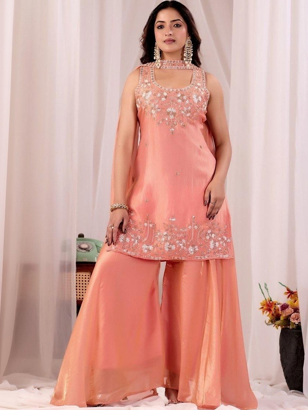 Bouncer Berry Women Ethnic Motifs Embroidered Regular Sequinned Pure Silk Kurta with Sharara & With Dupatta