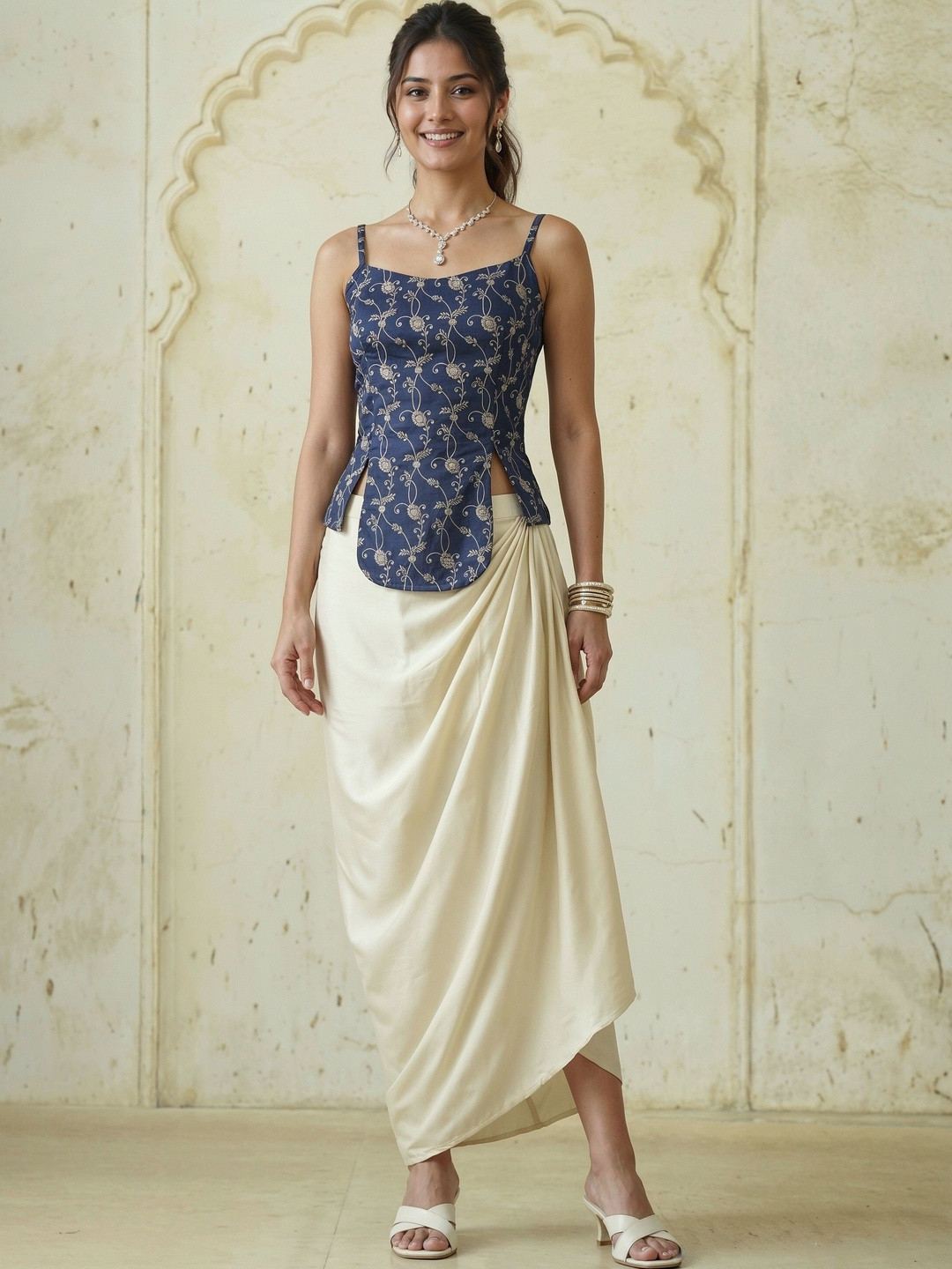AASK Printed Cream Floral Embroidered Top with Palazzos Rayon Co-Ord Set