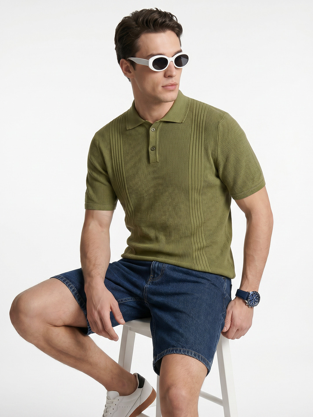 Integriti Self Design Polo Collar Pure Cotton Slim Fit T-shirt
