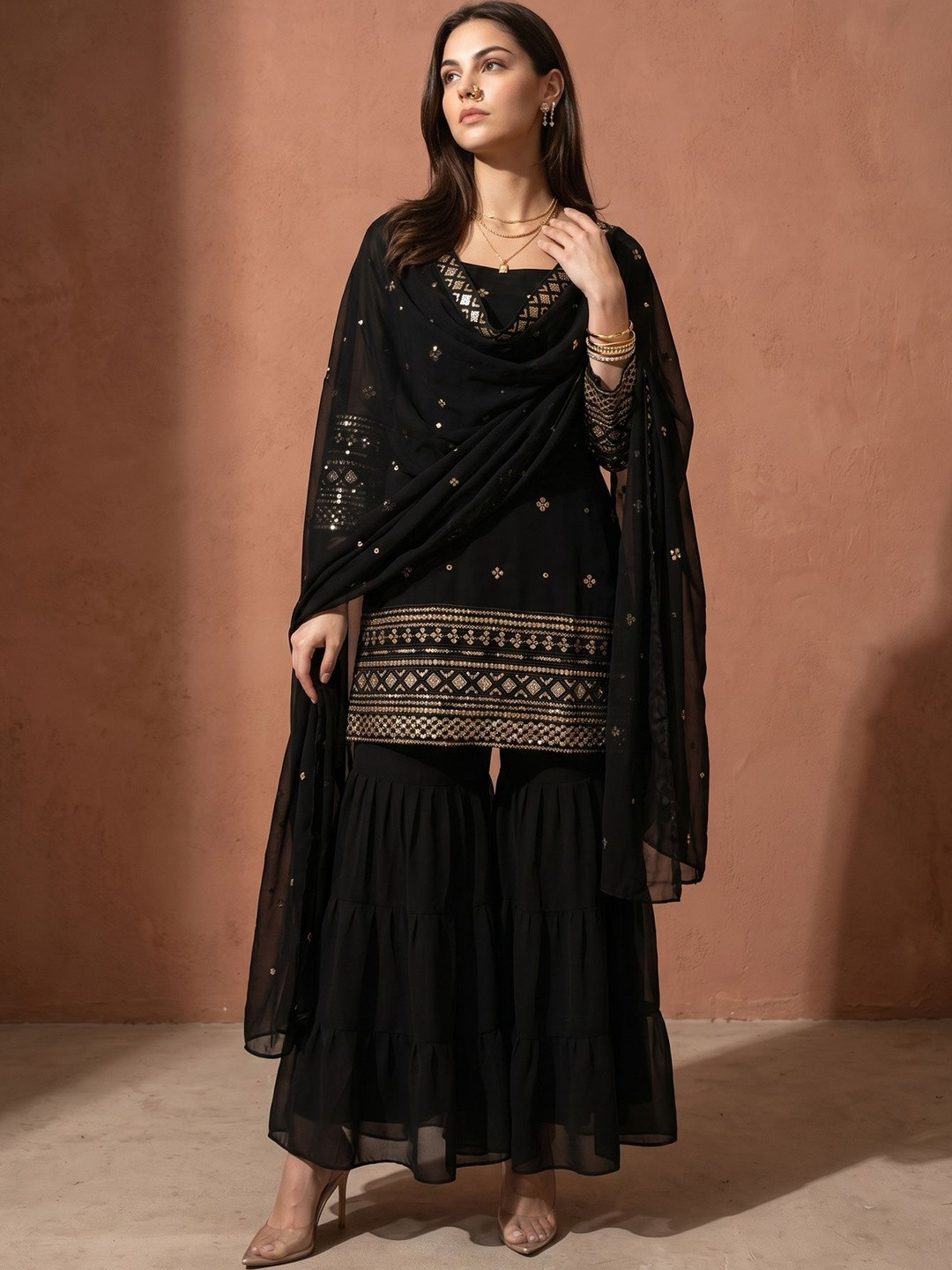 DRIP CHOWK Women Embroidered Regular Sequinned Kurta with Sharara & With Dupatta