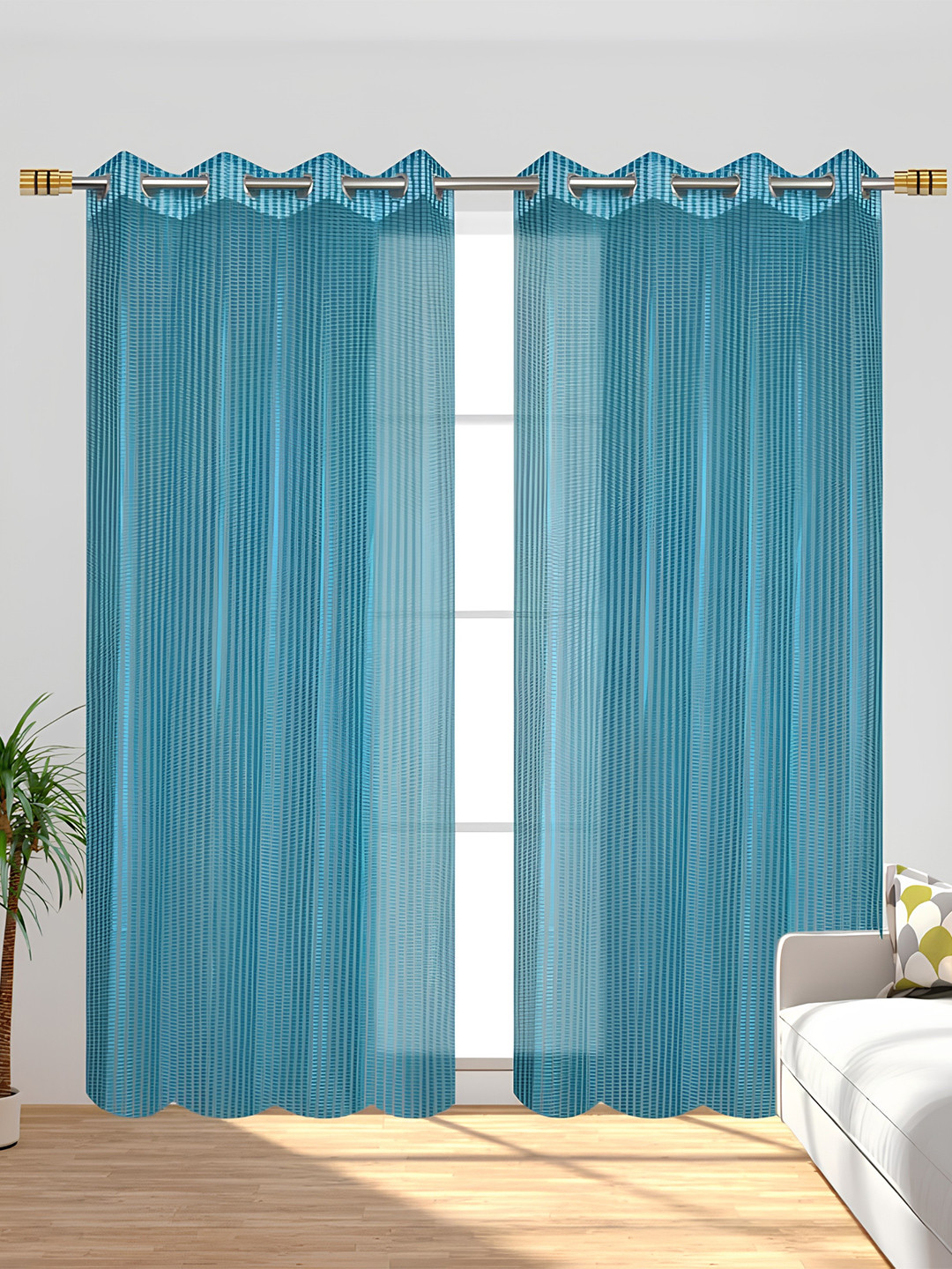 YUKANY Turquoise Blue & Multicoloured Set of 2 Sheer Window Curtain
