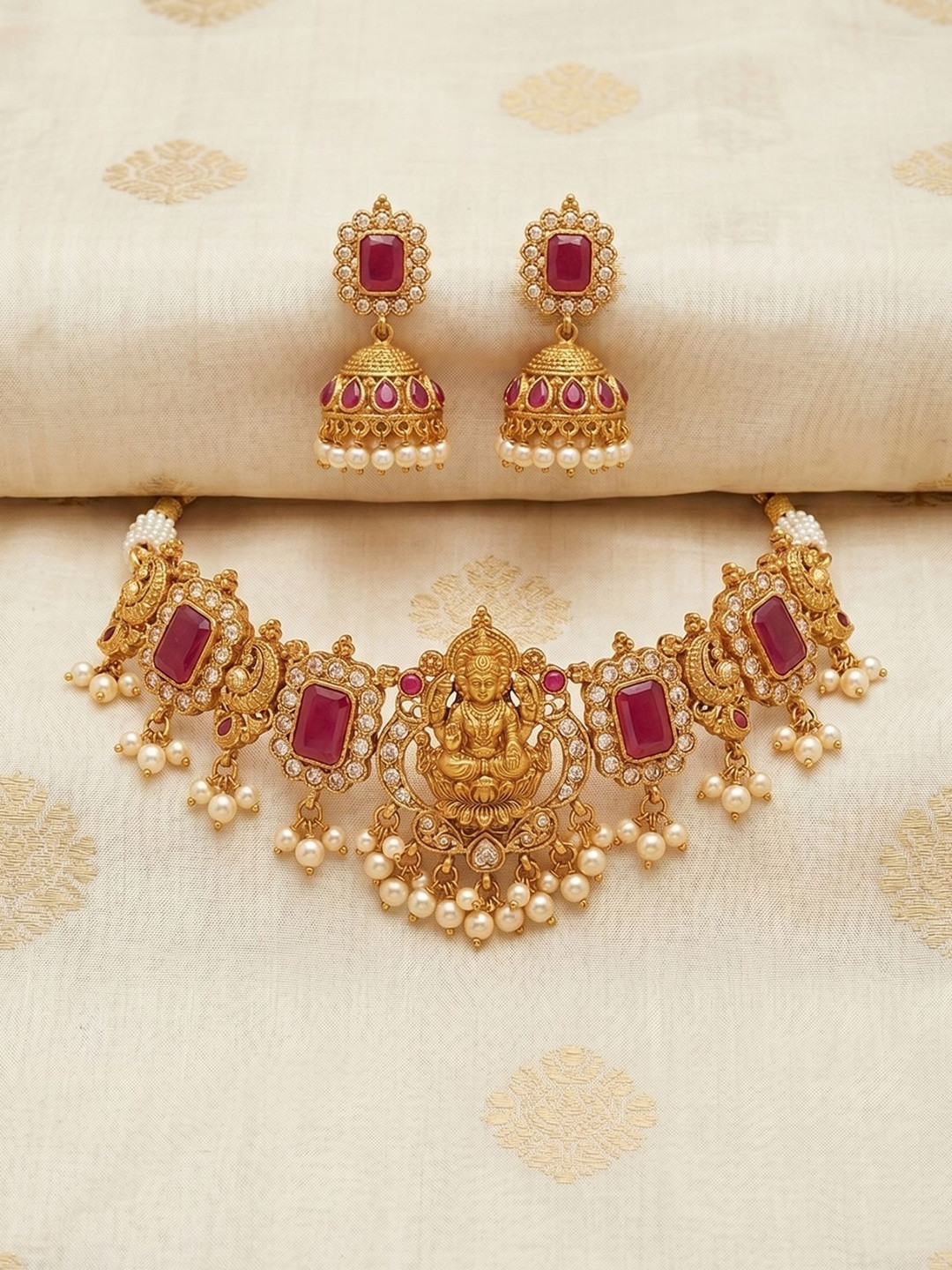Bagdo Gold-Plated Temple Stone Studded & Beaded Necklace and Earrings