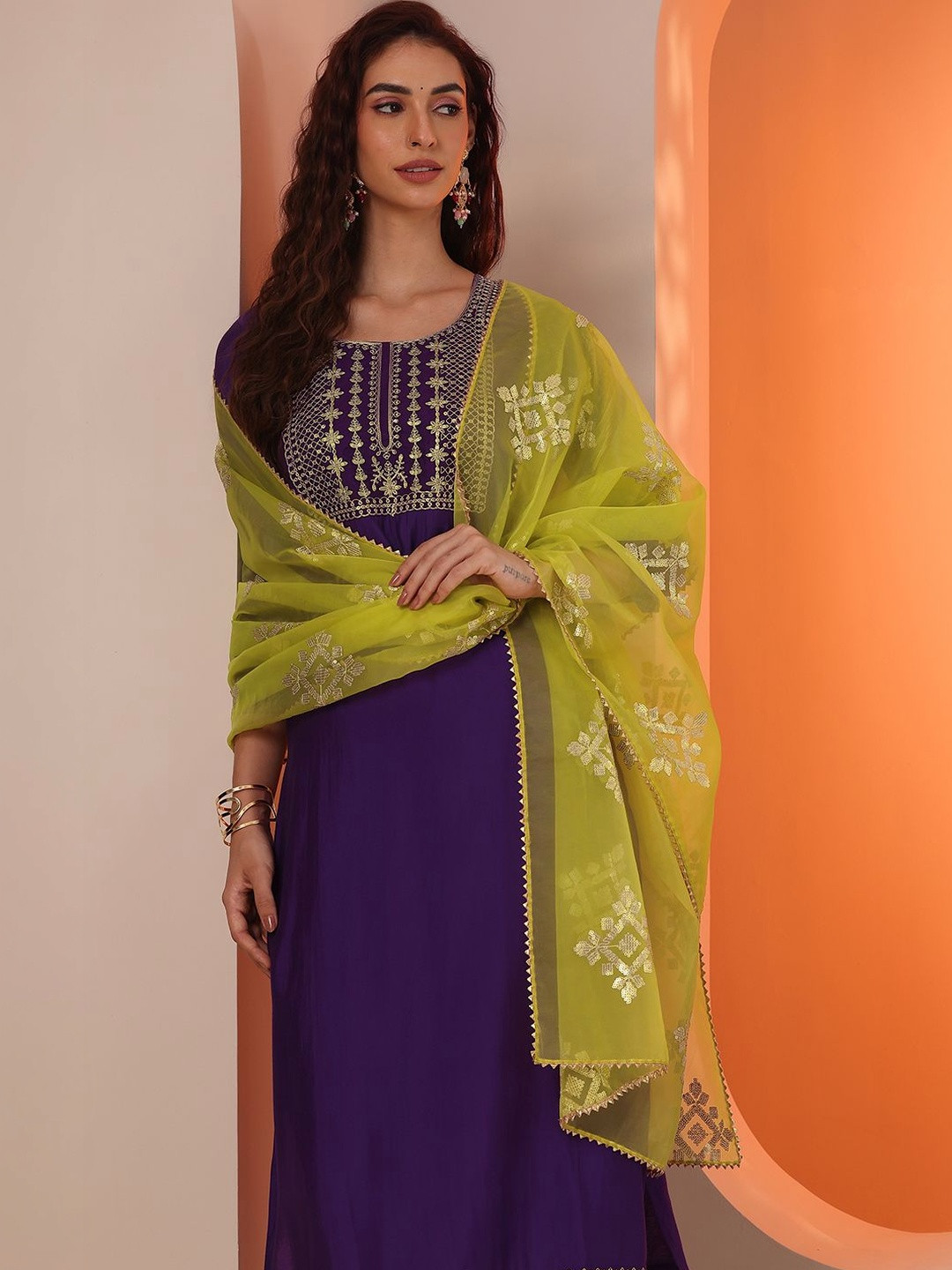 Gerua By Libas Women Ethnic Motifs Embroidered Regular Thread Work Kurta with Trousers & With Dupatta