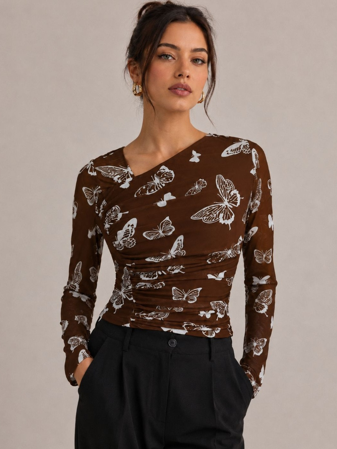 STYLOBABE Print One Shoulder Net Top
