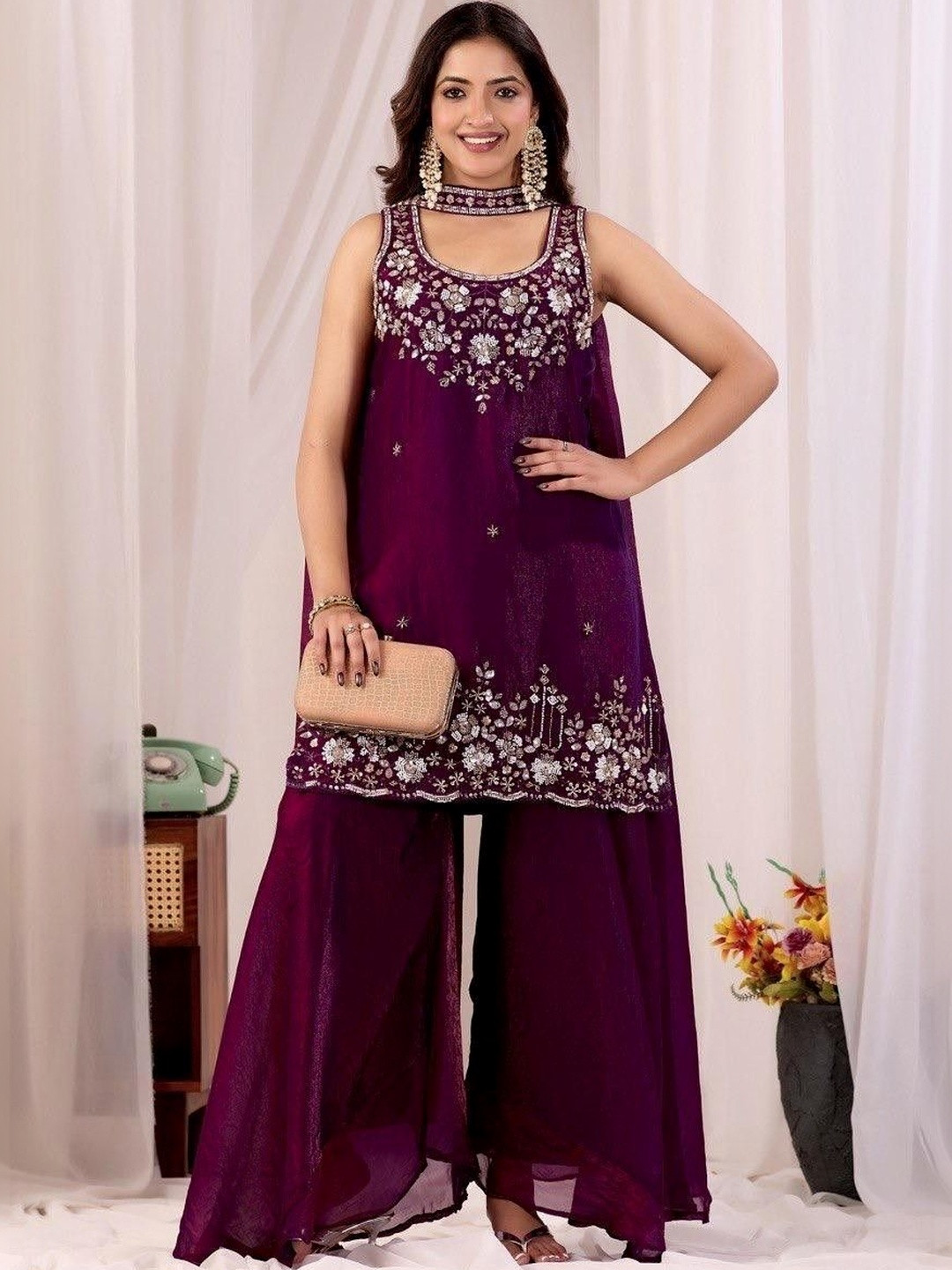 Bouncer Berry Women Ethnic Motifs Embroidered Regular Sequinned Pure Silk Kurta with Sharara & With Dupatta