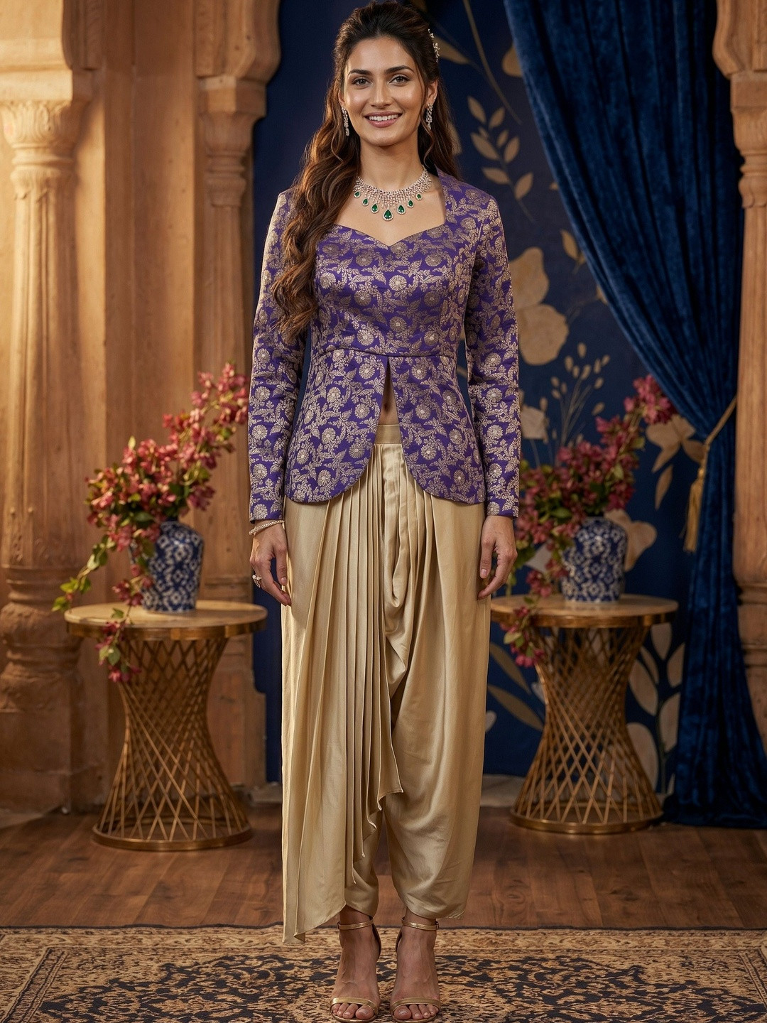 AASK Beige Floral Woven Design Top with Palazzos Co-Ord Set