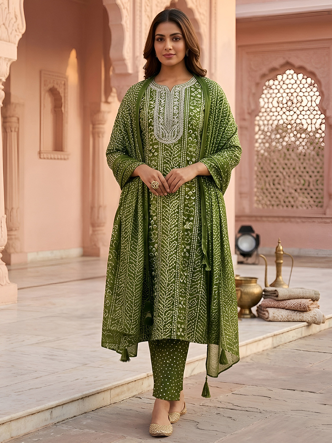 House of Pataudi Printed Cotton Blend Round Neck Kurta & Trousers With Dupatta