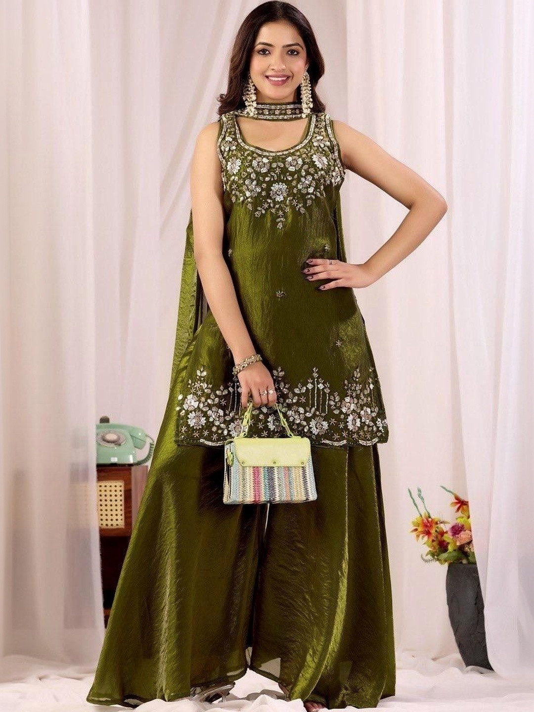 Bouncer Berry Women Ethnic Motifs Embroidered Regular Sequinned Pure Silk Kurta with Sharara & With Dupatta