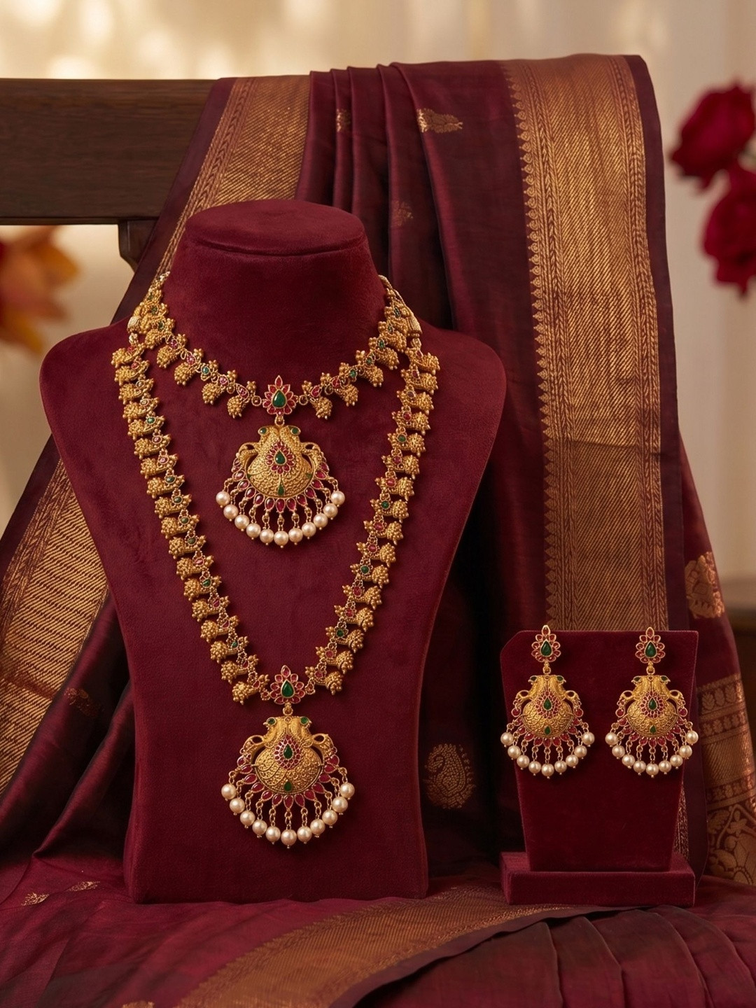 Bagdo Gold-Plated Temple Stone Studded & Beaded Necklace and Earrings