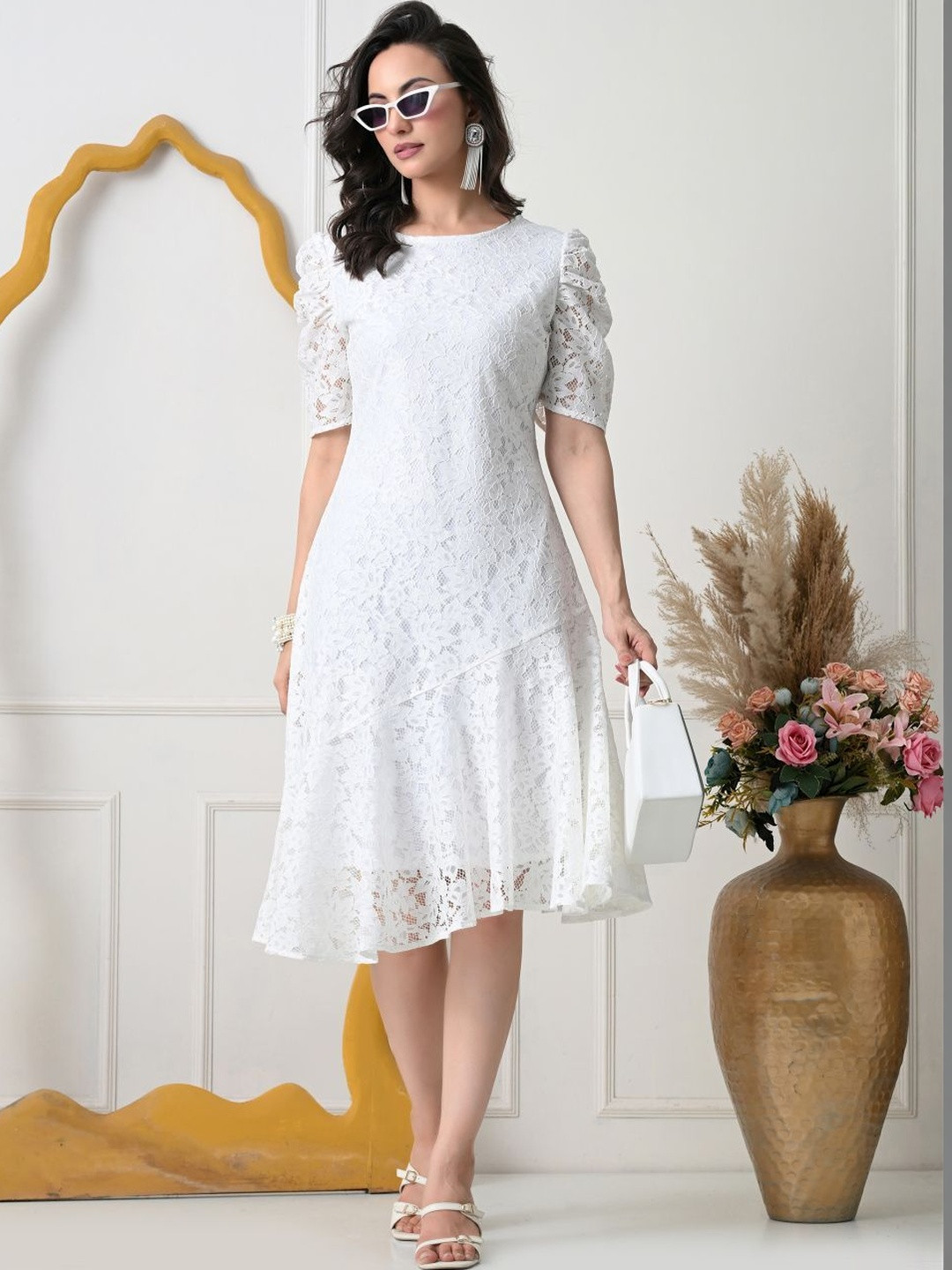 TBOJ Puff Sleeve Ruffled Net A-Line Midi Dress
