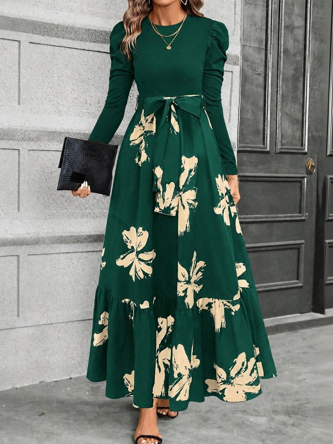 Archi Enterprise Floral Print Puff Sleeve Maxi Dress
