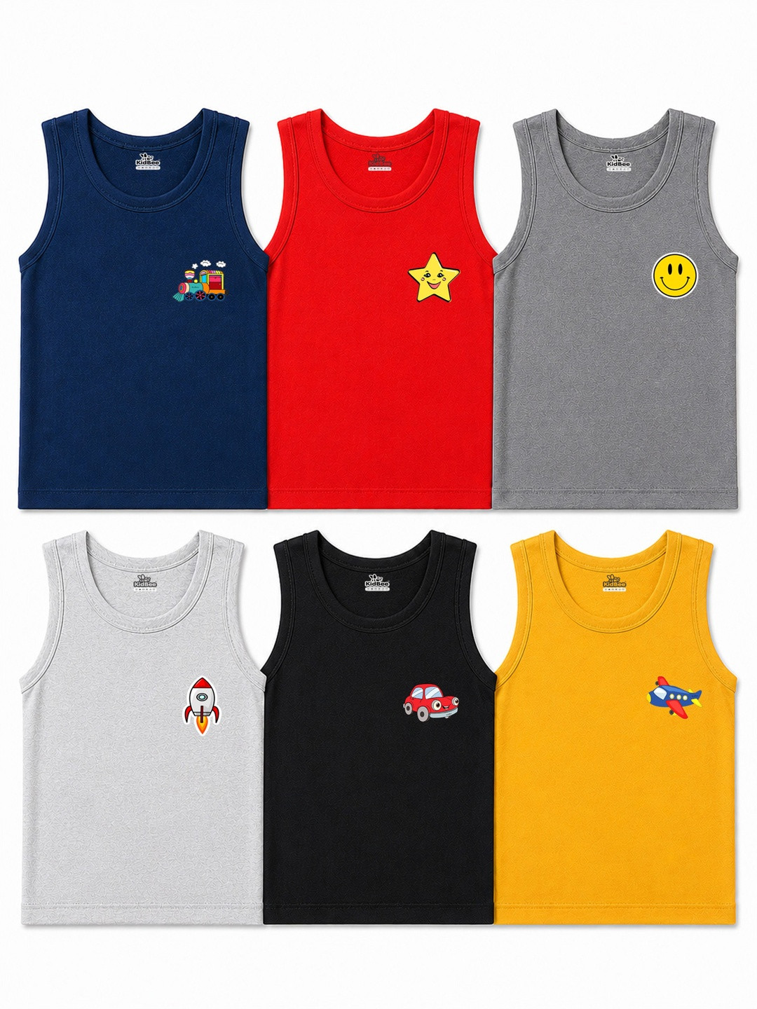 KidBee Kids Pack Of 6 Printed Pure Cotton Round Neck Basic Vests