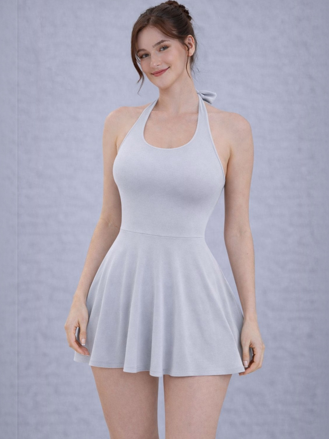 Raxedo Women Grey Solid Tie-Knot Neck Sleeveless Skirt Swimwear with Attached Tights