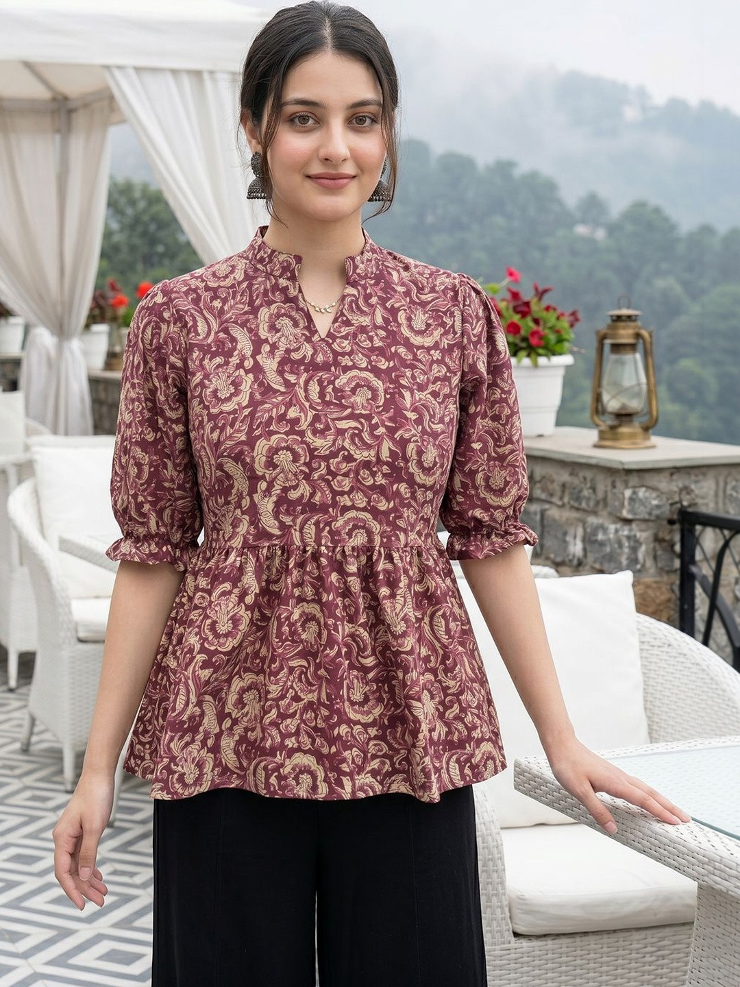 KALINI Floral Print Mandarin Collar Puff Sleeve Ethnic Cotton Peplum Top