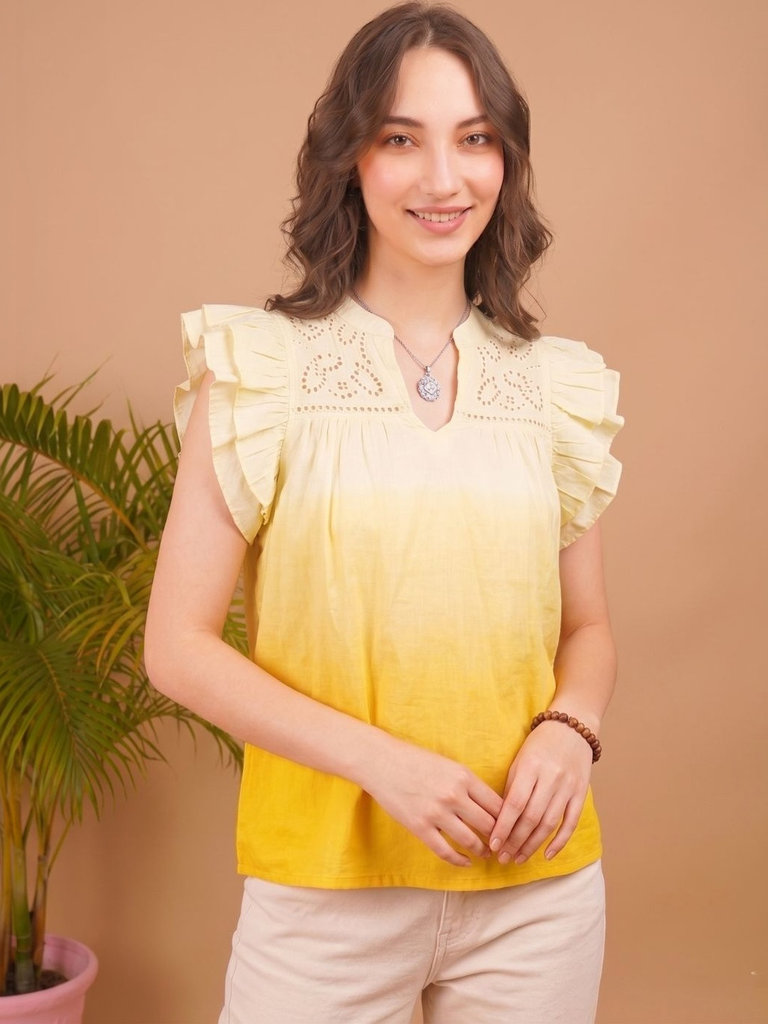 Maaesa Ombre Mandarin Collar Flutter Sleeve Cotton Regular Fit Top