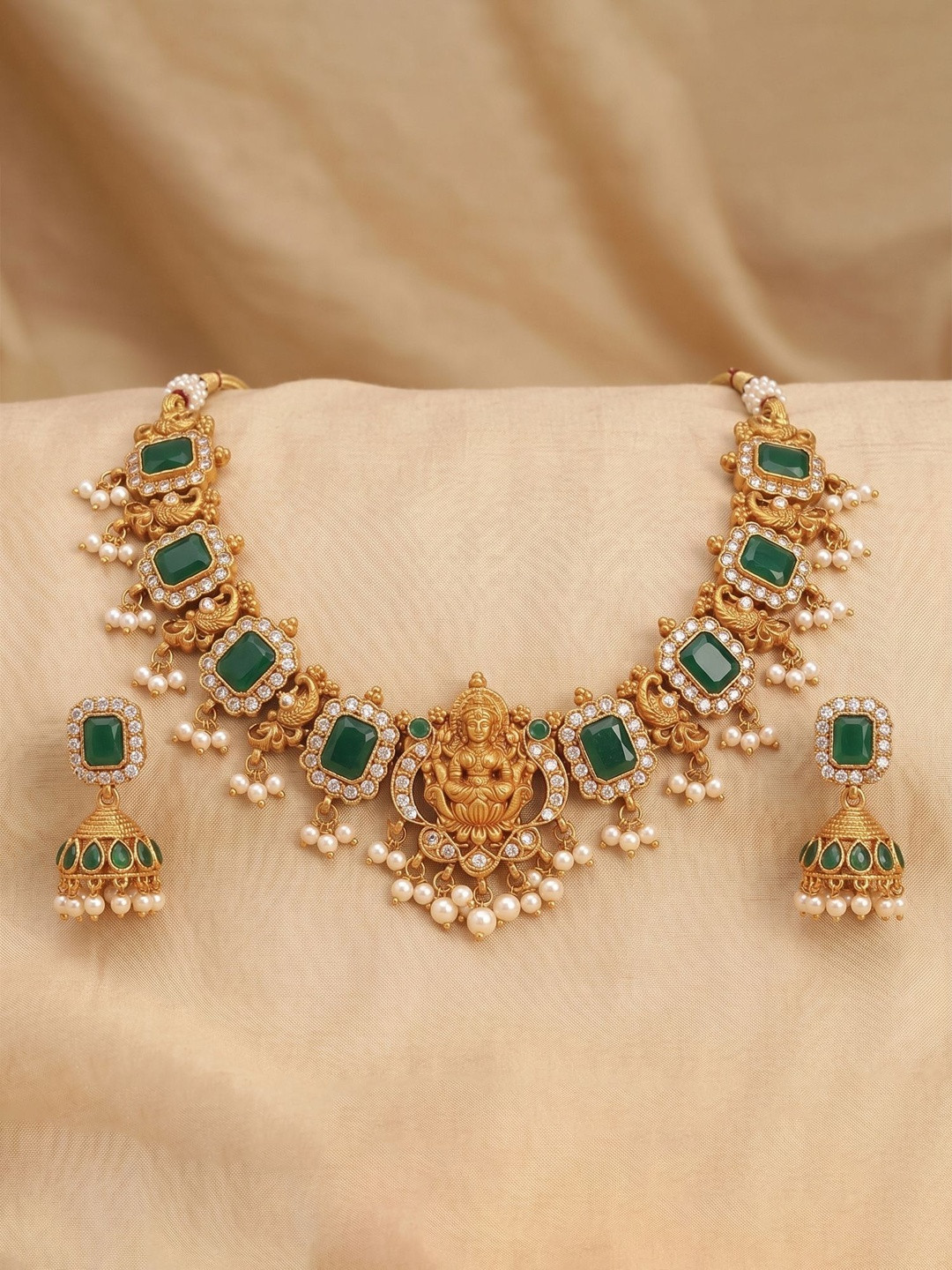 Bagdo Gold-Plated Temple Stone Studded & Beaded Necklace and Earrings
