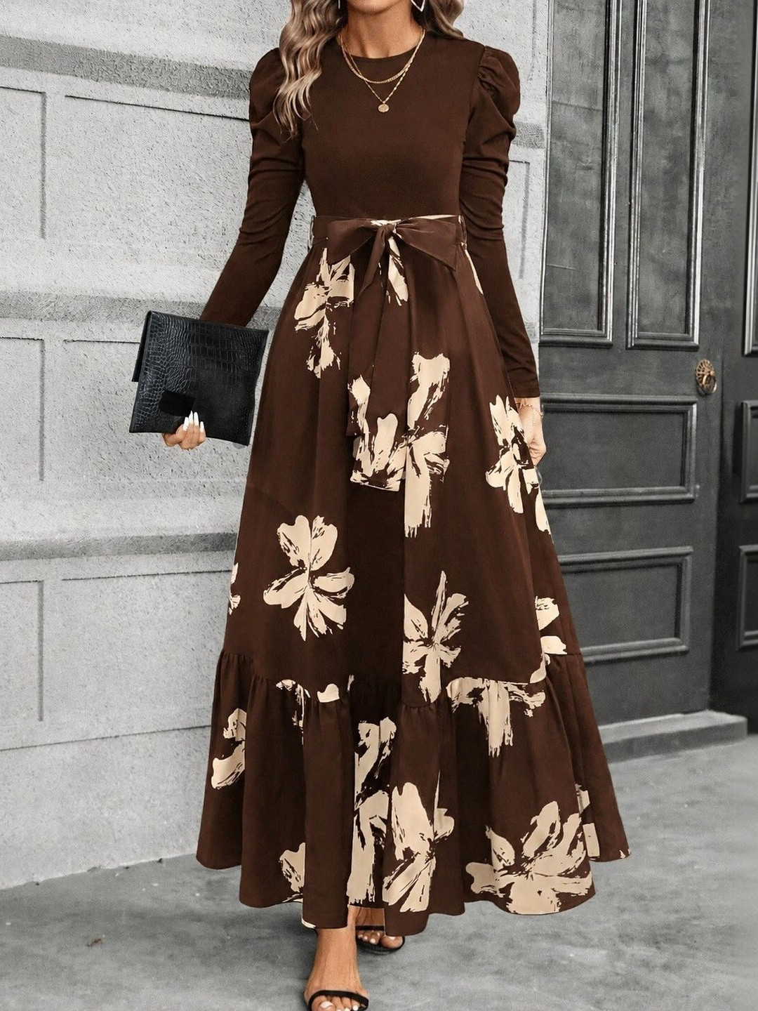 Archi Enterprise Floral Print Puff Sleeve Maxi Dress