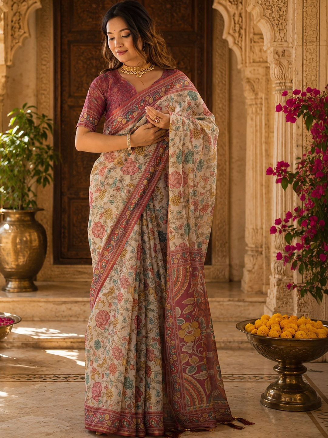 KALINI Floral Linen Blend Handloom Block Print Saree