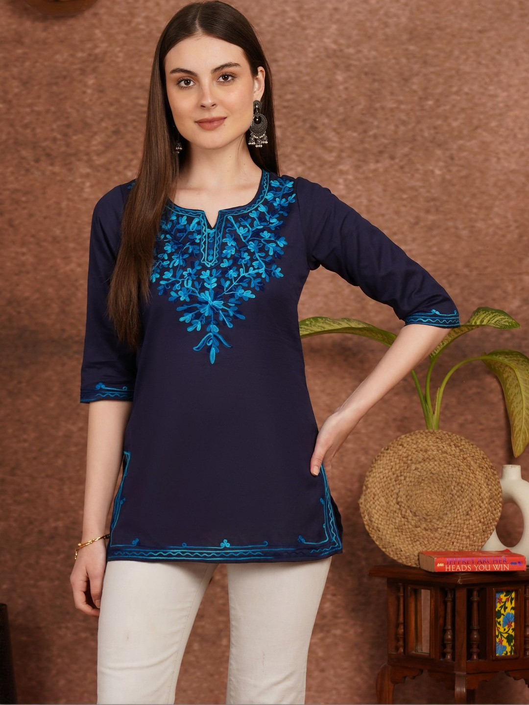 Sangria Floral Embroidered Thread Work Pure Cotton Khadi Thread Work Kurti