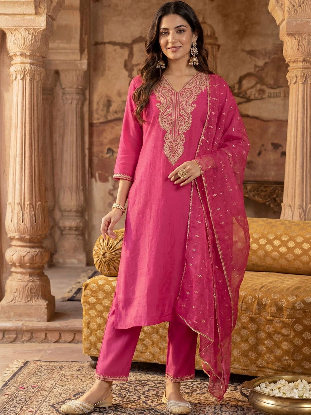 Indo Era Floral Embroidered Notch Neck Zari Liva Straight Kurta & Trousers With Dupatta