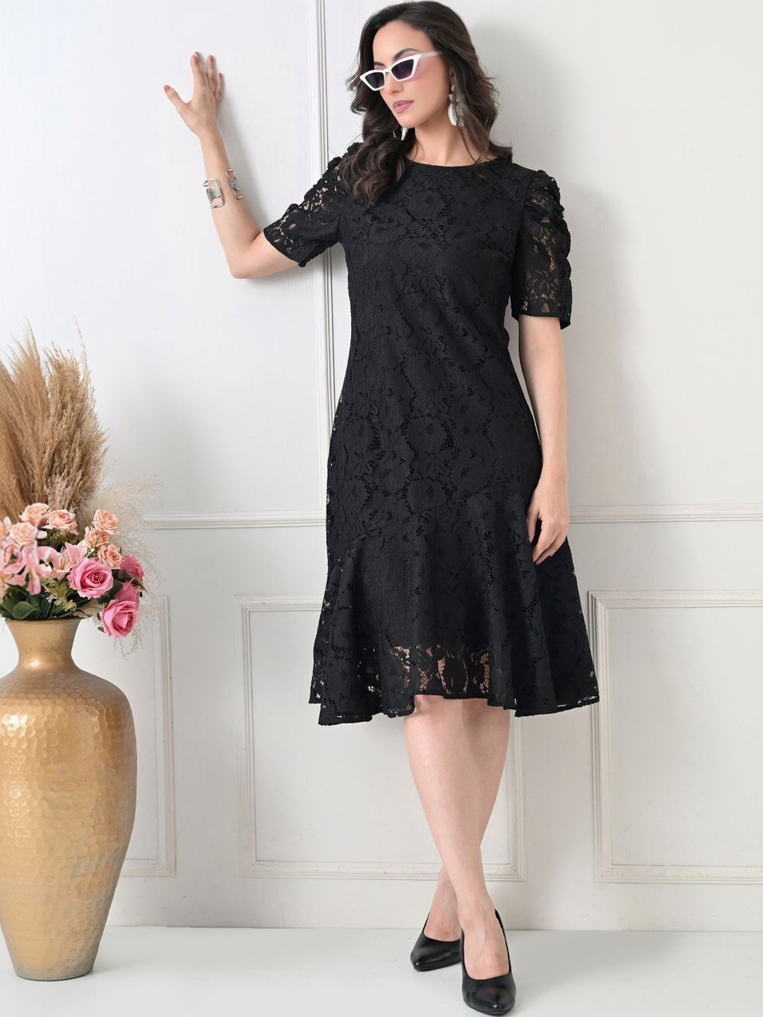 TBOJ Puff Sleeve Net A-Line Dress