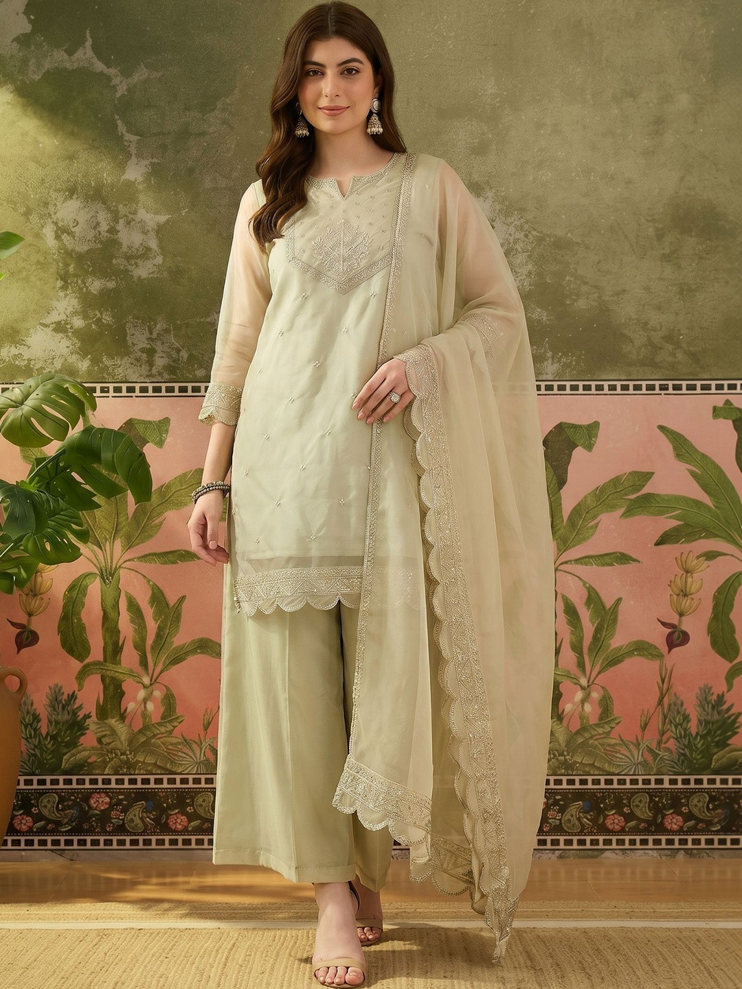 Sangria Women Ethnic Motifs Embroidered Regular Sequinned Kurta with Trousers & With Dupatta