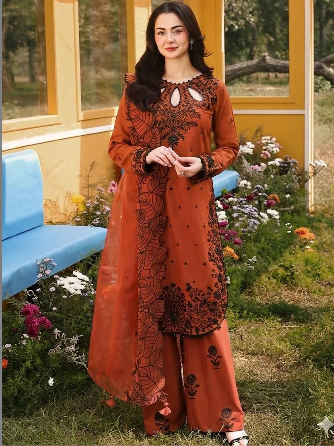 HERINK FASHION Ethnic Motifs Embroidered Pure Silk Kurta with Palazzos & Dupatta