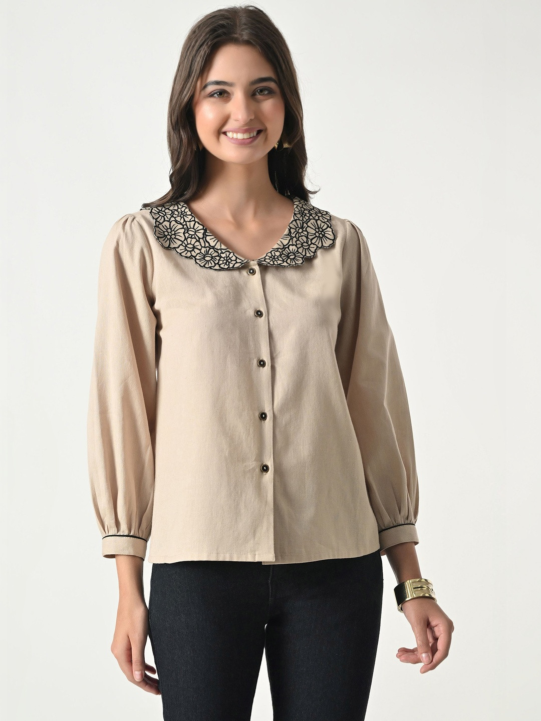 BAESD Floral Embroidered Peter Pan Collar Puff Sleeve Cotton Top