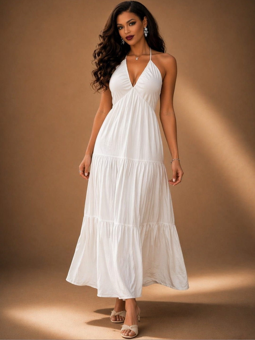 TRAQUILA Halter Neck Crepe A-Line Maxi Dress