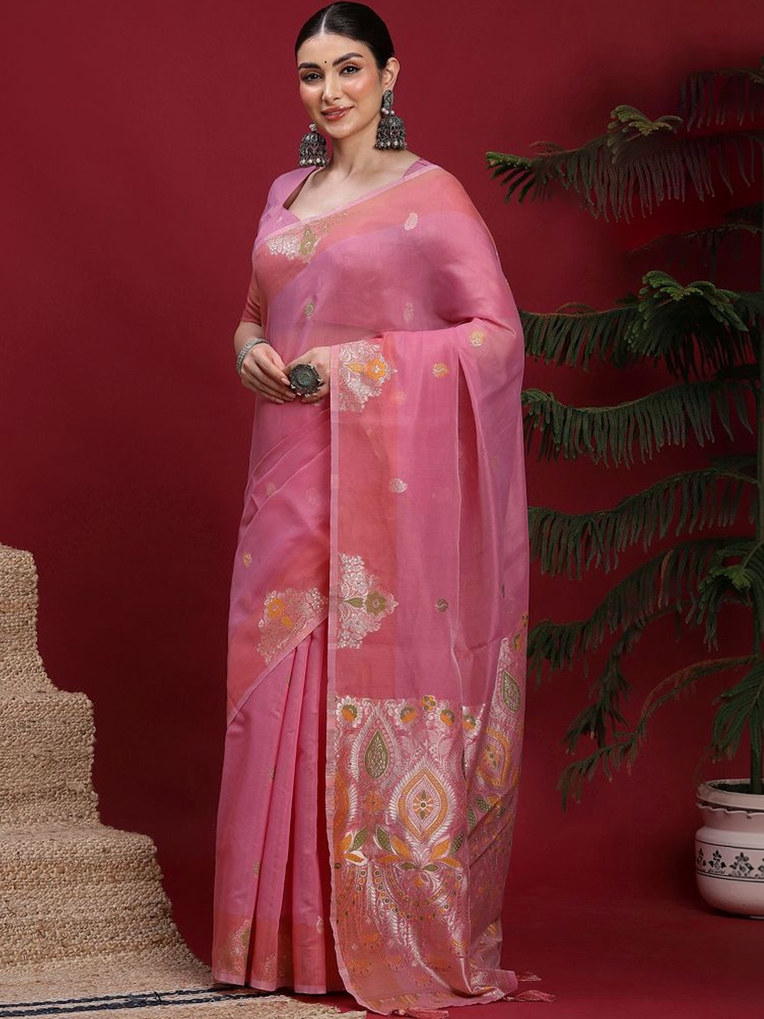 AMRAANA Ethnic Motifs Zari Pure Linen Handloom Saree