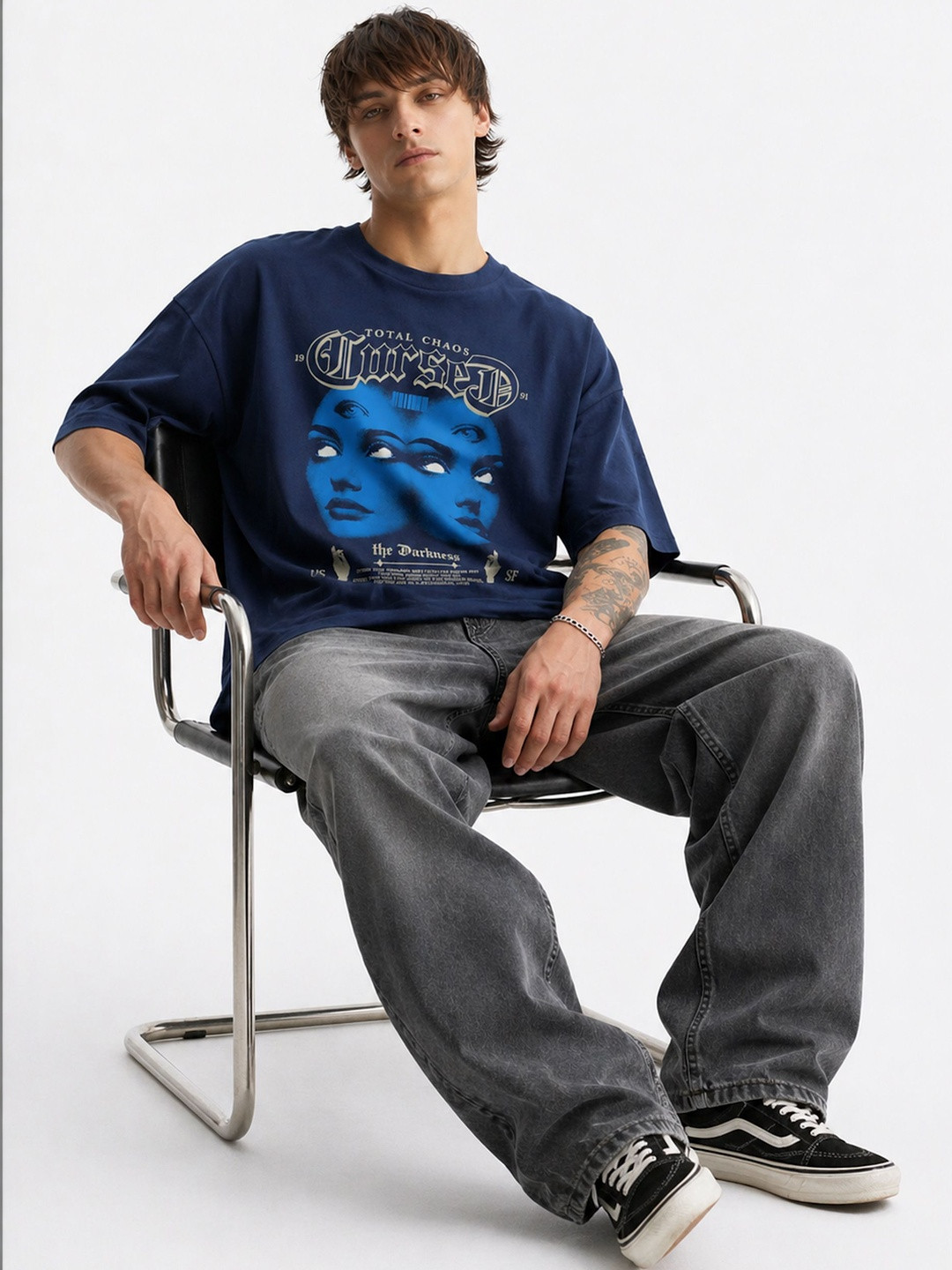 SELEKT Men Printed Cotton Round Neck Oversized Blue T-shirt