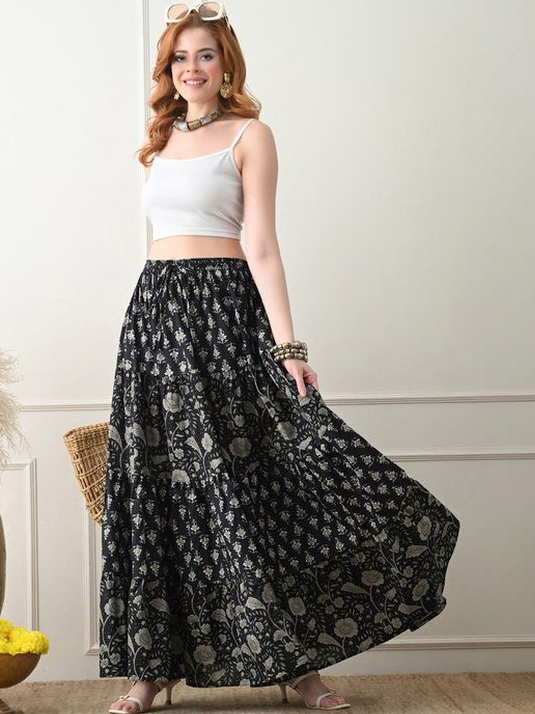 MFGIVA Women Cotton Floral Maxi Flared Skirt
