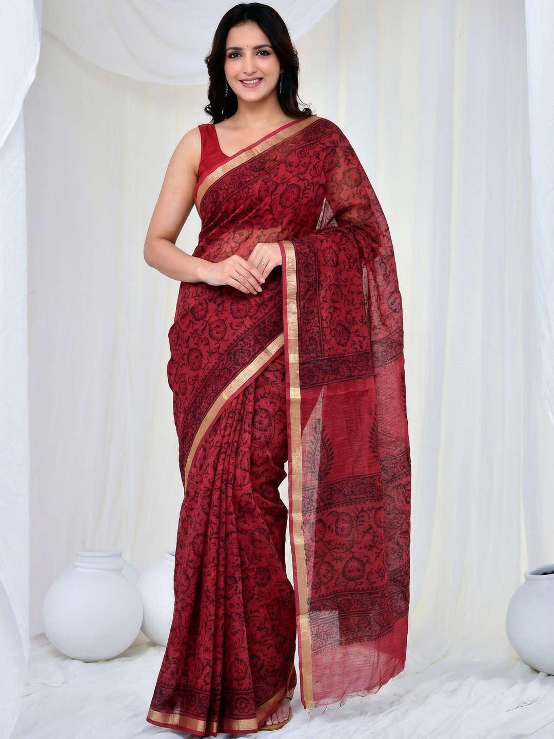 Doria Lifestyle Red Kota Doria Ethnic Motifs Saree